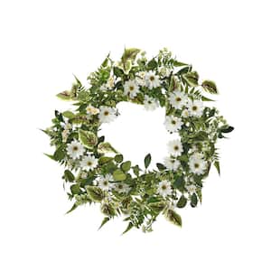 24 in. White, Green Artificial Daisy and Mix Greens Wreath 24 in.