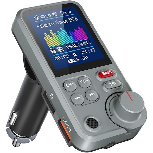 OBJLGEV Bluetooth FM Transmitter Car Adapter with Microphone 1.8 Screen QC3. 0 Charging Treble Bass Music Player Grey