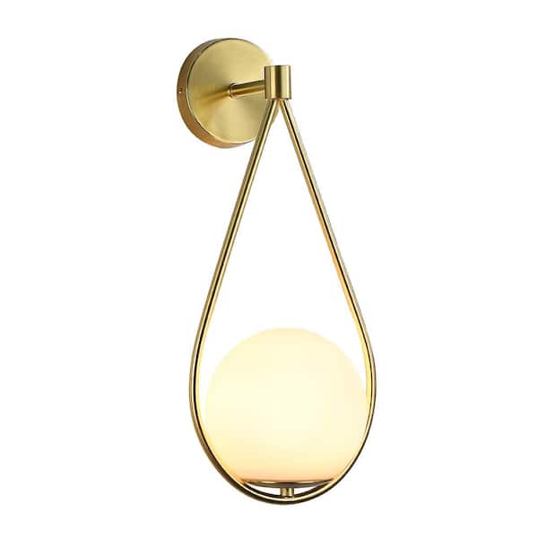 7.87 in. 1-Light Brass Gold Modern Wall Sconce with Milky Glass Shade
