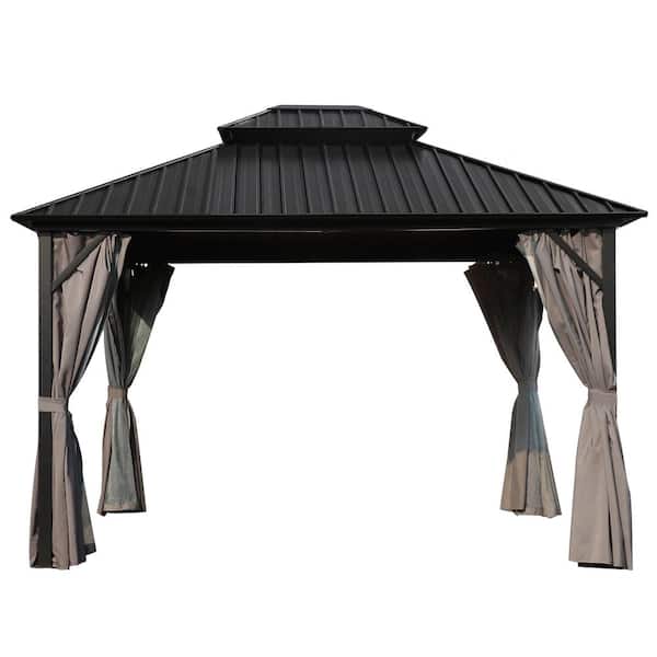 VEIKOUS 16 ft. x 12 ft. Aluminum Double Hardtop Gazebo with Grey Curtains and Netting