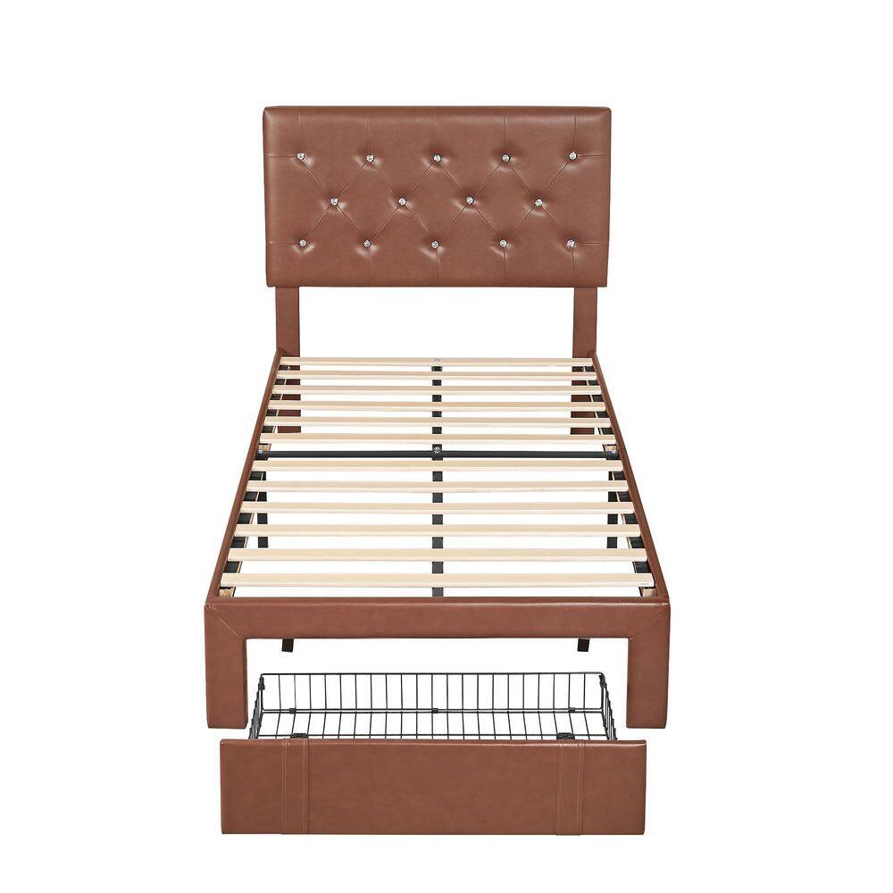 Upholstered Bed Frame with Storage Drawers Twin Platform Bed, Faux Leather Bed with Tufted Headboard, Brown Bed price history on PriceWatchPro