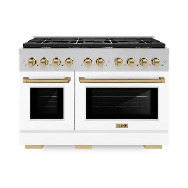 ZLINE Kitchen and Bath Autograph 48 in. Paramount Double Oven Gas Range with 8 Burners in Satin Steel with White Doors and Bronze Accents
