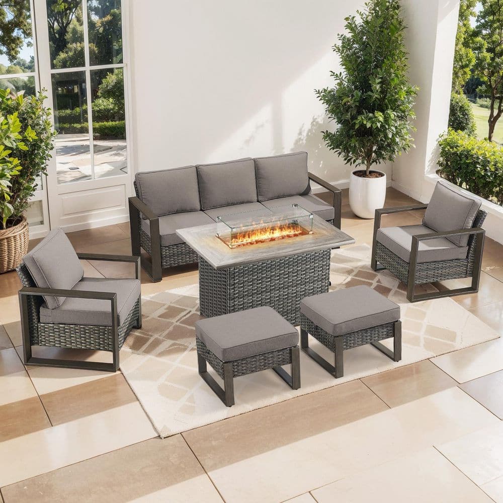 Funky 4-Piece Gray Wicker Patio Fire Pit Conversation Sofa Couch Seating Set with Gray Cushions and Ottomans price history on PriceWatchPro