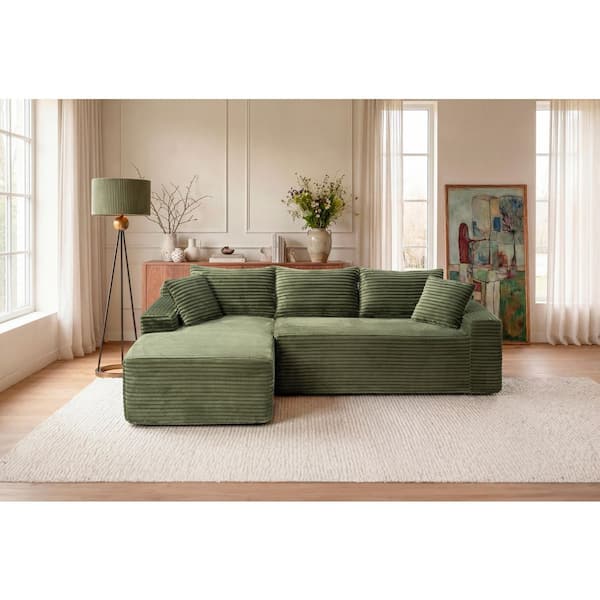 Gia 106.3 in. 2-Piece Compressed Corduroy Modular Sectional Sofa in Green with Left Arm Chaise and Throw Pillows