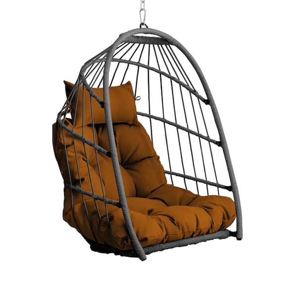 Avex 28.34 in. 1-Person Gray Wicker Metal Patio Swing Outdoor Egg Hanging Chair with Brown Cushions