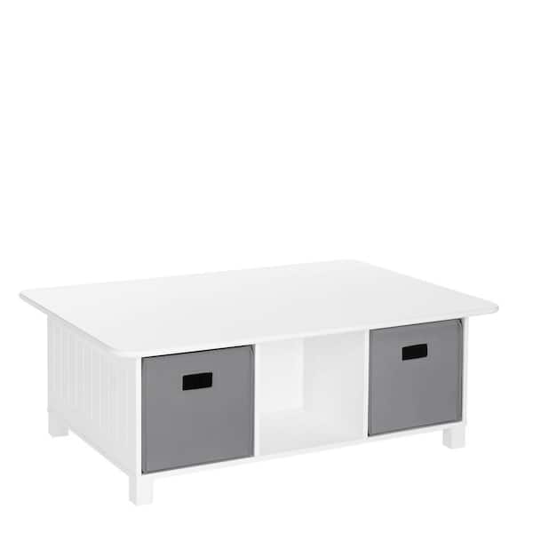 White Rectangular Kids Desk, Activity and Play Table with 6-Storage Cubbies with 2-Gray Fabric Bins