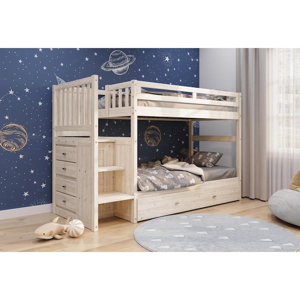 OS Home and Office Furniture Light Ash Twin Over Twin Staircase Bunkbed with 4-Drawers and Trundle