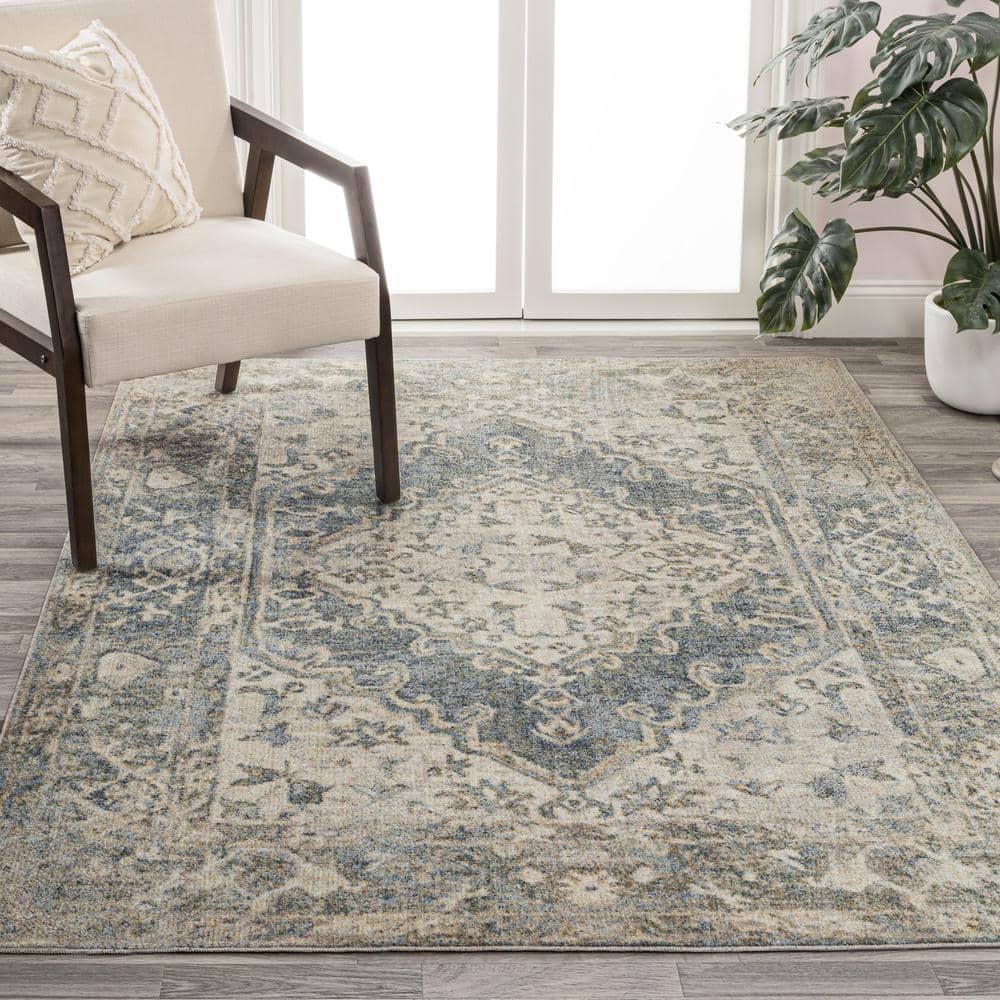 Pavel Blue and Cream 4' x 6' Washable Medallion Rug