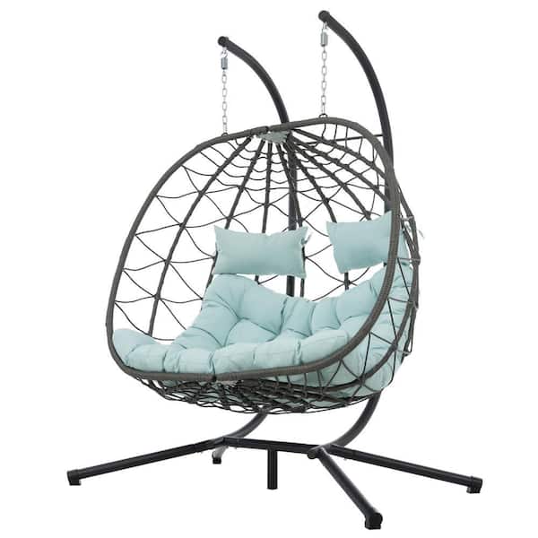 Unbranded 2-Person Gray Wicker Double Swing Egg Chair with Stand and Blue Cushions
