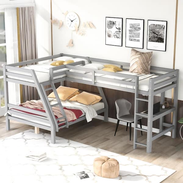 straal voorkomen kust Harper & Bright Designs L-Shaped Gray Twin over Full Bunk Bed with Ladder  and Built-in Desk QHS042AAE - The Home Depot
