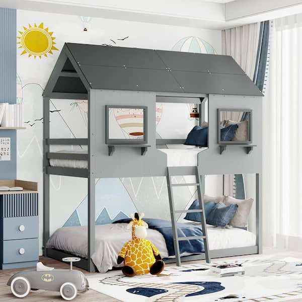 GODEER Gray Twin over Twin Bunk Bed Wood Bed with Roof, Window, Guardrail, Ladder