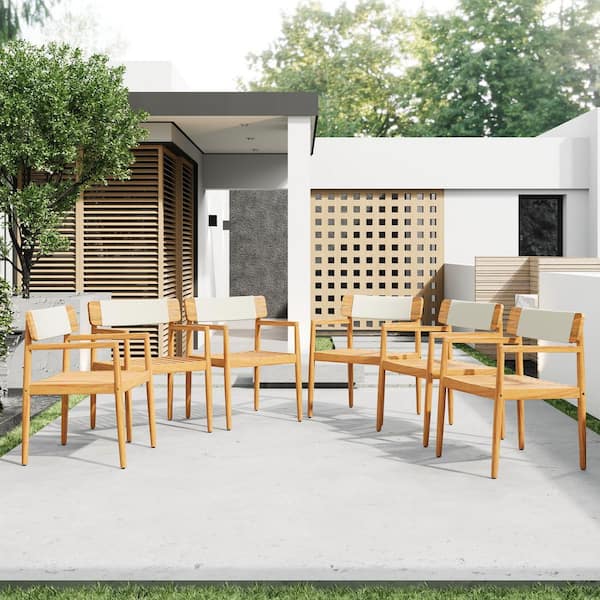 Unbranded Woven Acacia Dining Table and Chairs with Armrests for Outdoor Dining and Lounging, Teak Look and White Rope, Set of 2