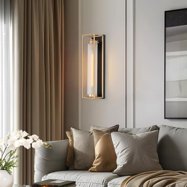 1-Light Dark Gold Modern Wall Sconce, Tube Frosted Glass Black Wall Light, Farmhouse Geometric Bathroom Vanity Light