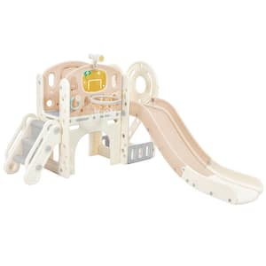 Pink and White Freestanding Castle Climbing Crawling Playset with Slide and Basketball Hoop