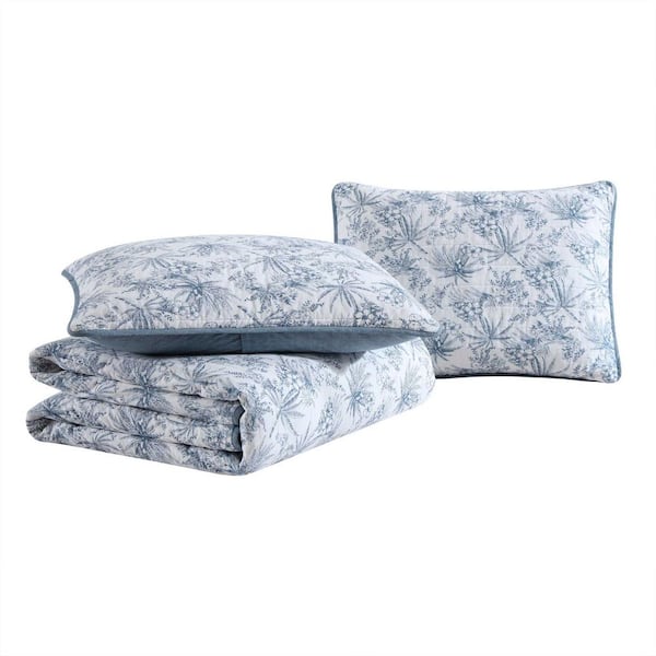 Pen And Ink Palm Blue 3-Piece King Cotton Quilt-Sham Set