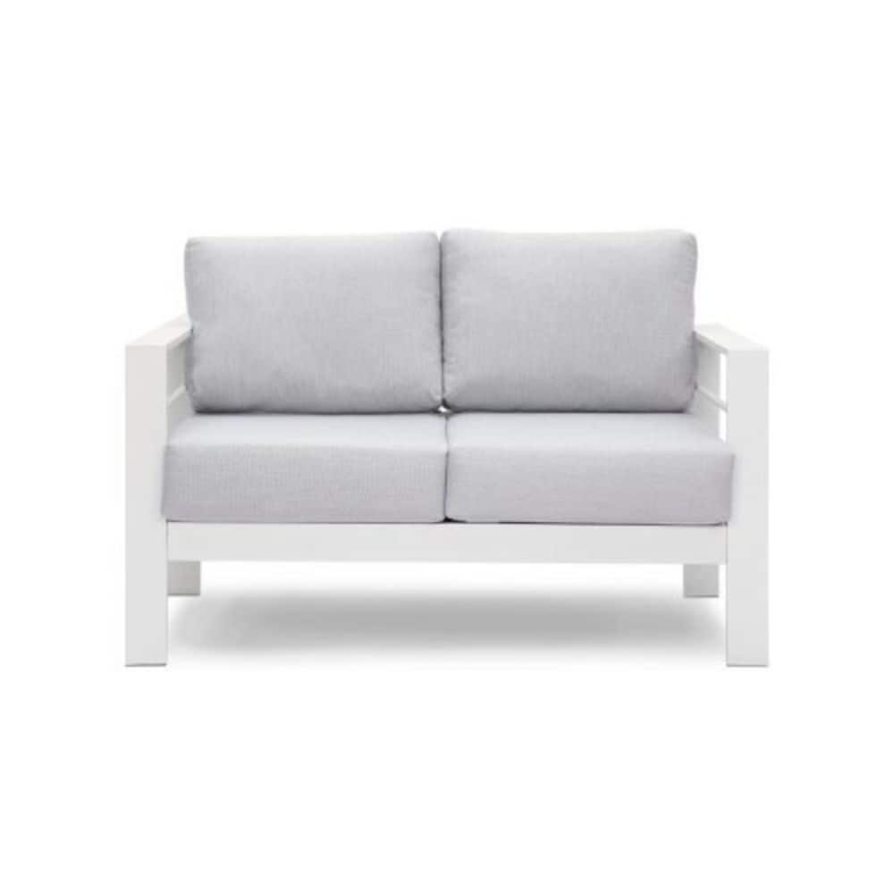 White Aluminum Outdoor Loveseat with Light Gray Cushions durable construction easy to install price history on PriceWatchPro