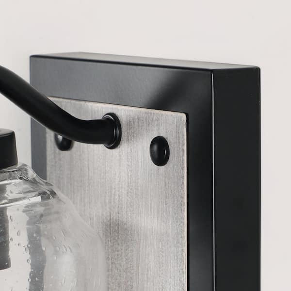 Farmhouse 5 in. 1-Light Black and Grey Wood Grain Metal Bathroom Vanity Light with Clear Seeded Glass Shades
