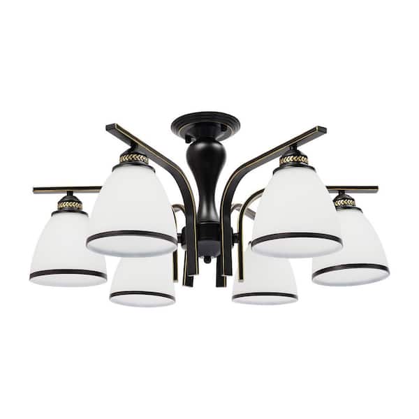 OUKANING 26.7 in. 6-Light Black Modern Chandelier with Glass Shade, No Bulbs Included, for Dining Room, Bedroom, Living Room