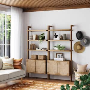 Beacon 72 in. Tall Light Brown Wooden 3-Shelf Standard Ladder Bookcase with Cabinet and Seagrass Doors (Set of 2)