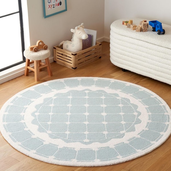 Kids 5 ft. x 5 ft. Turquoise/Ivory Geometric Border Round Area Rug