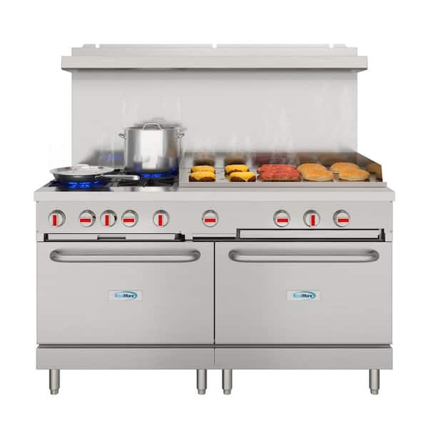 60 in. 4-Burner Freestanding Commercial Double Oven Gas Range with 36 in. Griddle in Stainless Steel