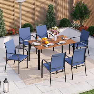 Black 7-Piece Metal Outdoor Patio Dining Set with Wood-Look Rectangle Table and Blue Textilene Chairs