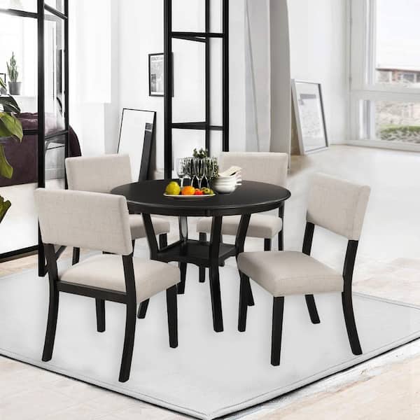 5 Piece Round Wood Top Espresso Dining, Round Kitchen Table Upholstered Chairs