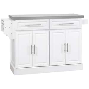 White Wood 57 in. Kitchen Island with Storage, Stainless Steel Top, 2-Drawers, Spice, Knife and Towel Rack