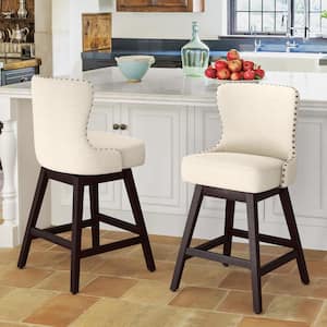 Hampton 26 in. Off-White Solid Wood Frame Counter Stool with Back Linen Fabric Upholstered Swivel Bar Stool Set of 2