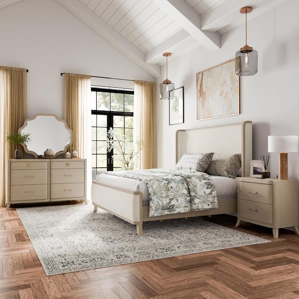 Ellington 4-Piece Natural Oak Fabric Wingback King Panel Bedroom Set with Nightstand and Dresser/Mirror