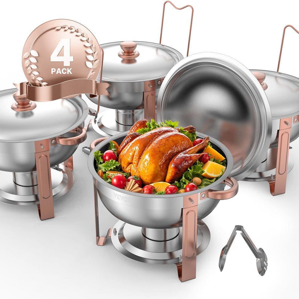 VEVOR Chafing Dish Buffet Set, 5 qt. 4 Pack, Stainless Steel Chafer with 4 Full Size Pans, Round Catering Warmer Server