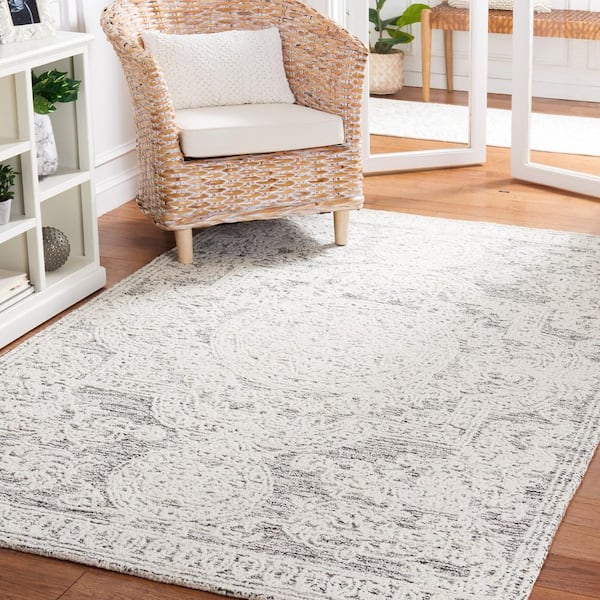 Abstract Ivory/Charcoal 6 ft. x 6 ft. Borders Floral Square Area Rug