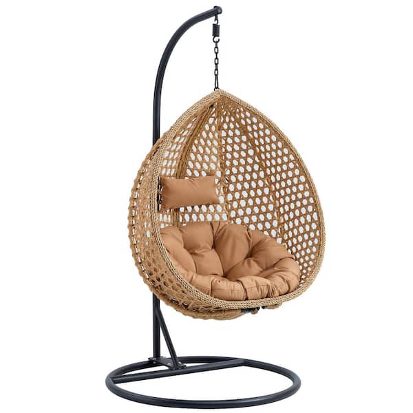 40 in. W Yellow Wicker Patio Swing with Brown Cushion For Patio Balcony, Backyard, Bedroom