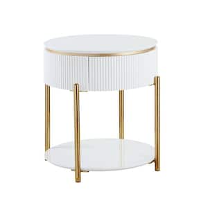 Daveigh 22 in. White High Gloss and Gold Finish Round Wood End Table