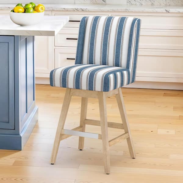 LUE BONA Joyce 26 in. Blue White Striped Fabric Upholstered Swivel Bar Stool with Solid Wood Leg Counter Stool