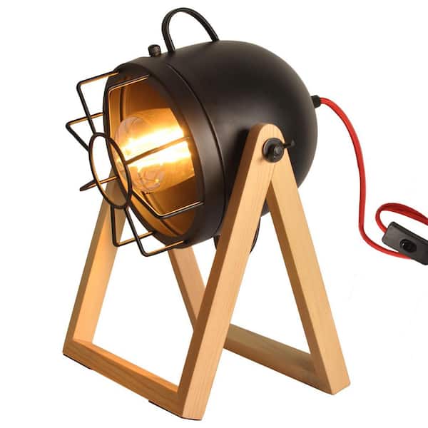 Vintage 12.6 in. 1-Light Wood Base Table Lamp for Living Room with Black Rotate Metal Shade, E26 Base, not include blub