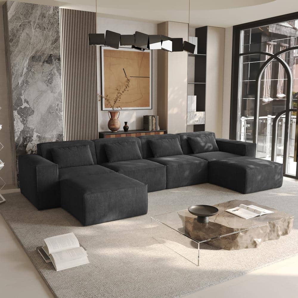 149.62 in. Square Arm 6-piece Corduroy U-Shaped Modular Sectional Sofa in Black with Ottoman