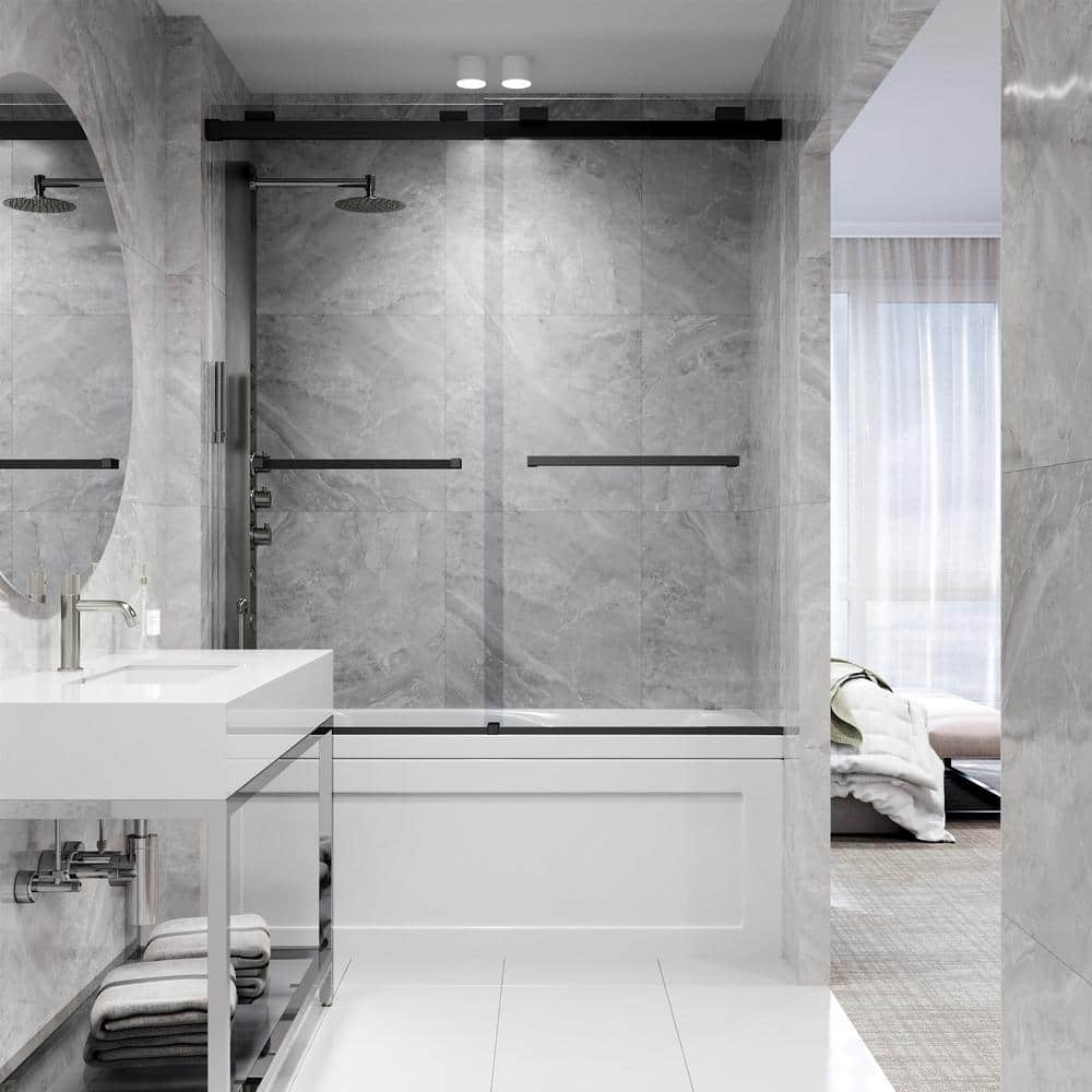 Houston 66" Frameless Matte Black Sliding Tub Door with Clear Glass