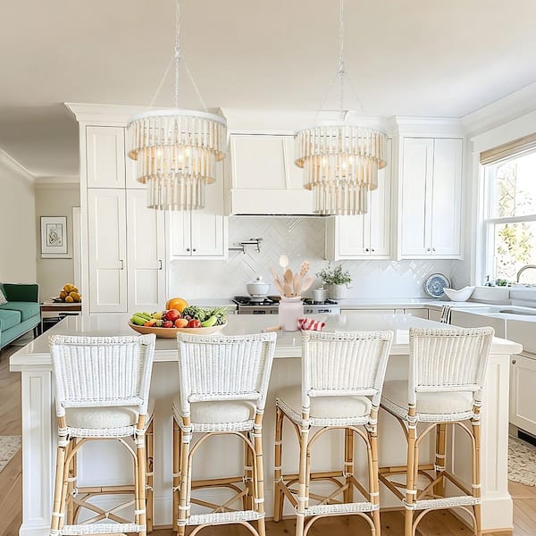 French Country 18.5 in. 3-Light Brushed White Chandelier, Wood Hanging Pendant Light for Living Room, Dining Room