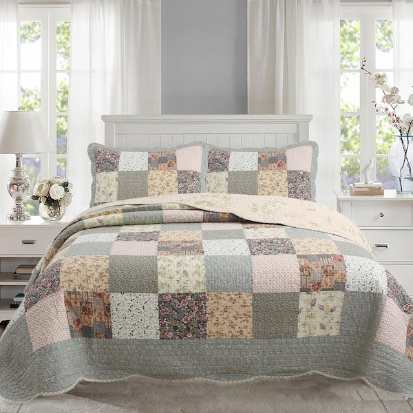 Cozy Line Home Fashions Country Floral Multi-color Chic Scalloped Patchwork Queen Cotton 3-Piece Bedding Set Quilt