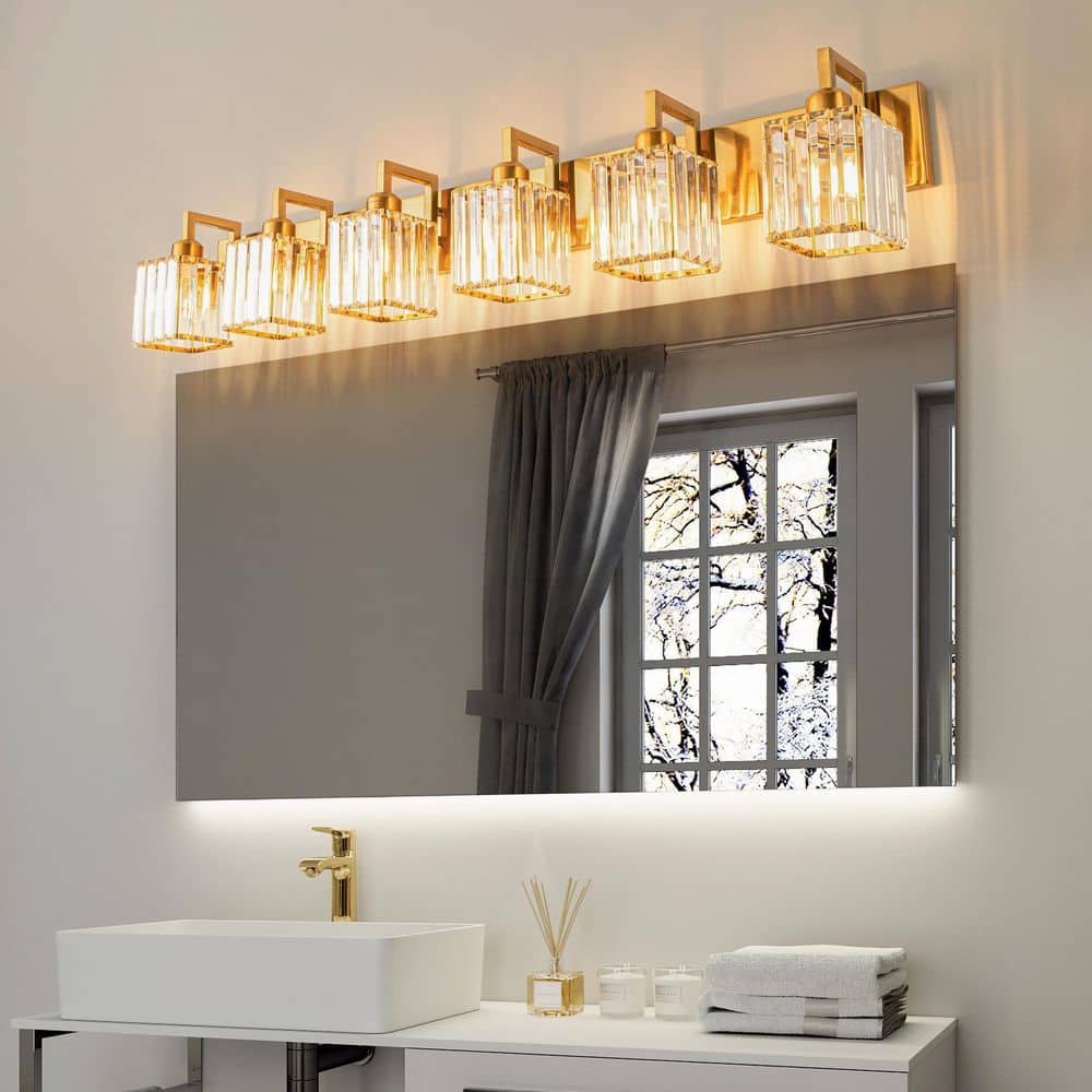Home Lighting Fixture Width 44.09 in. 6-Light Gold Modern Crystal Vanity Lights Wall Sconces for Bathroom price history on PriceWatchPro