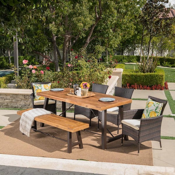 Noble House Nikolai 6-Piece Acacia Wood Rectangular Outdoor Dining Set with Bench and Beige Cushions