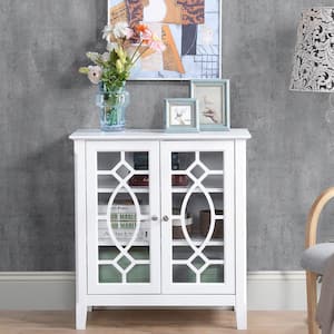 White Sideboard Display Cabinet with Double Framed Glass Doors, 2-Adjustable Shelves and Elevated Base