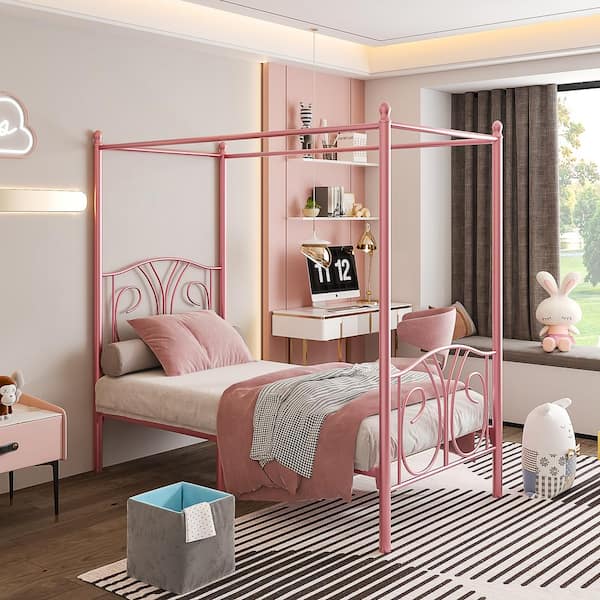 VECELO Metal Canopy Bed Frame, Pink Twin Size with Headboard