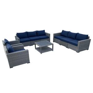 Urban Oasis 9-Piece Wicker Rattan Outdoor Sectional Set with Blue Cushions and Coffee Table