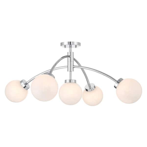 Savoy House Redfield 36 in. 5-Light Mid-Century Modern Chrome Semi-Flush Mount with White Strie Orb Glass Shades