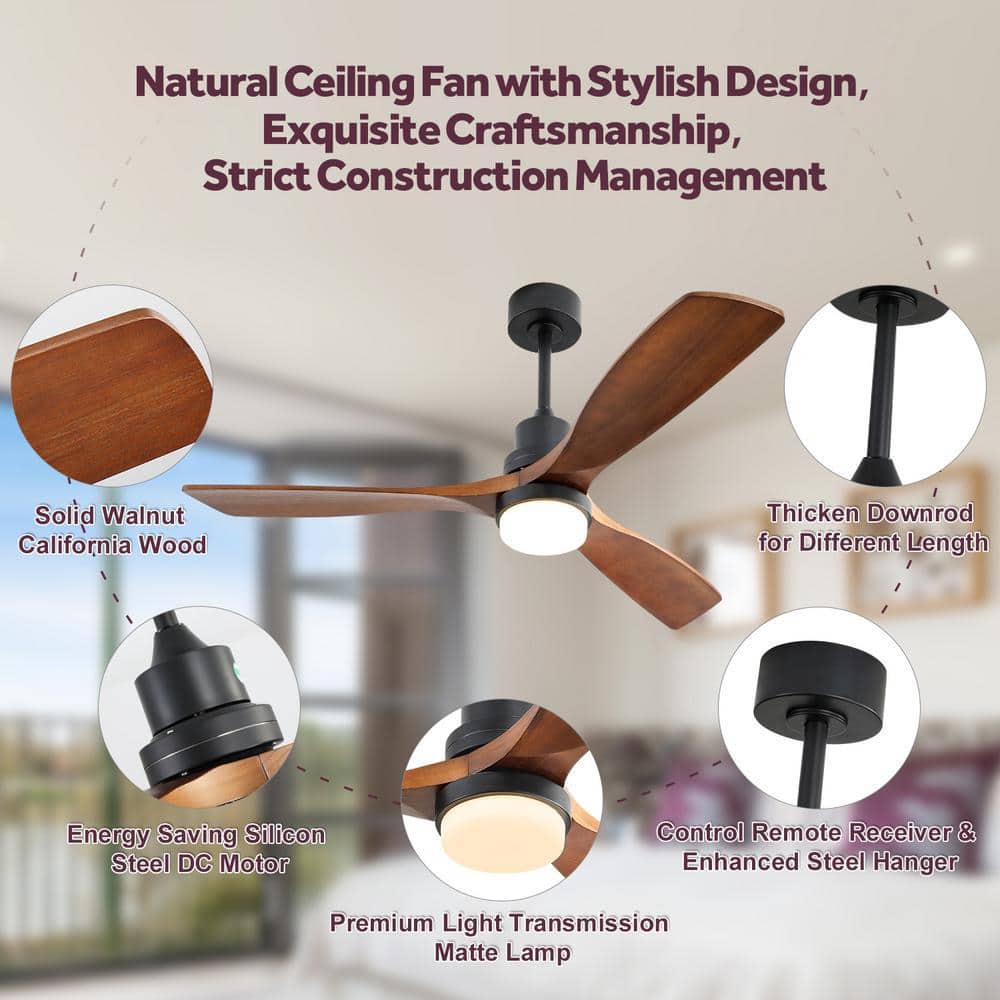 52" Black and Dark Wood-Grain Modern Ceiling Fan with Remote