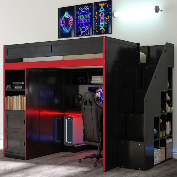 Black Full Size Wood Gaming Loft Bed with Desk, Storage Staircase, LED Light, Wardrobe, Lockers, Shelves, Bed Rails
