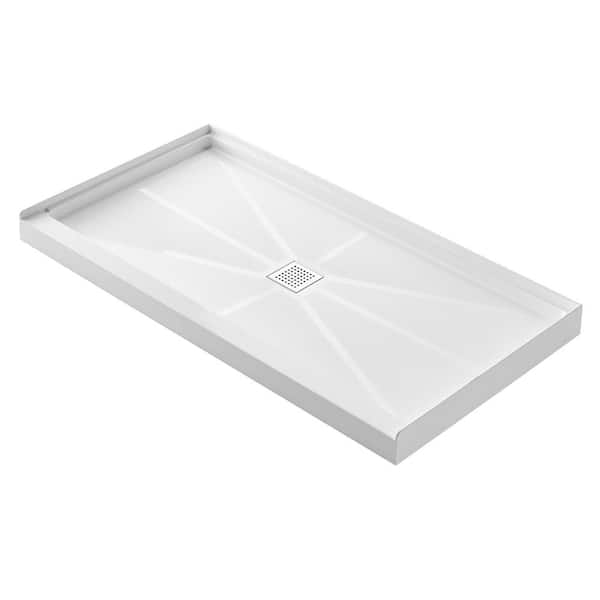 MEDUNJESS 60 in. L x 30 in. W Single Threshold Alcove Shower Pan Base in White with Center Drain and Stainless Steel Cover