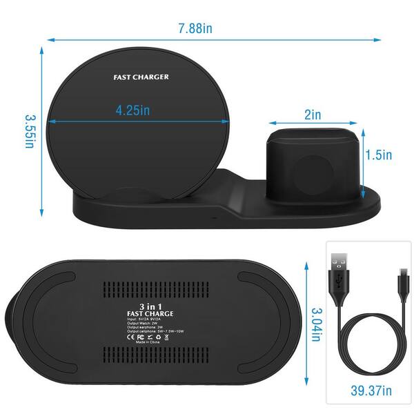 3-in-1 Qi Charging Pad Compact Design with 6' TPU Cable - Black Just  Wireless